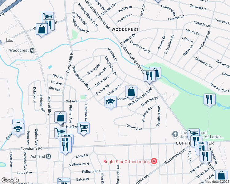 map of restaurants, bars, coffee shops, grocery stores, and more near 124 Chaucer Place in Cherry Hill