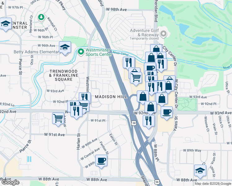 map of restaurants, bars, coffee shops, grocery stores, and more near 69 West 92nd Avenue in Westminster