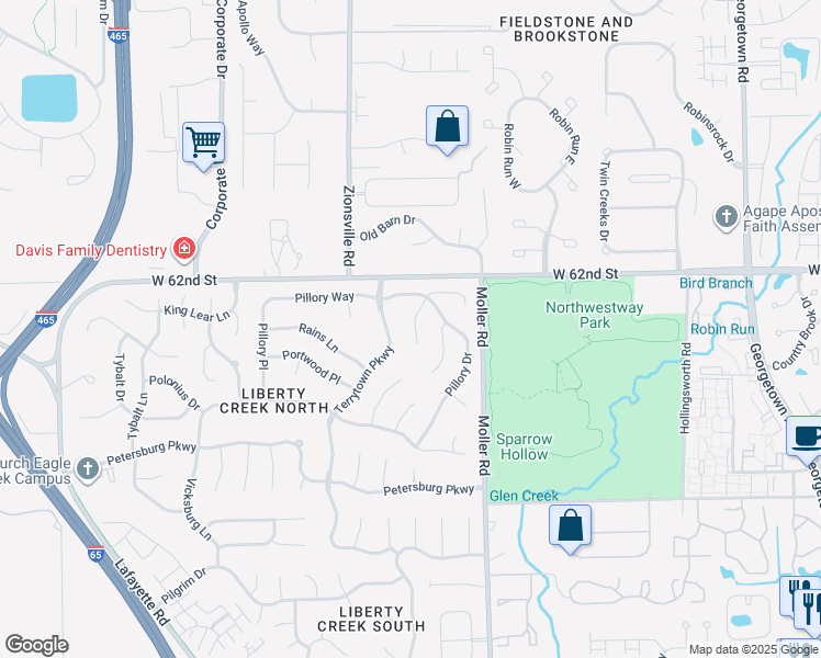 map of restaurants, bars, coffee shops, grocery stores, and more near 6122 Bethesda Way in Indianapolis