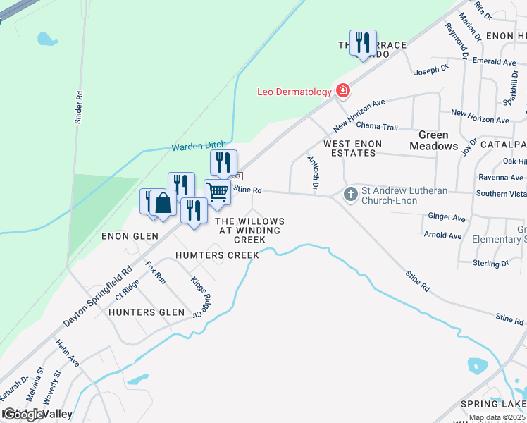 map of restaurants, bars, coffee shops, grocery stores, and more near 2144 Willow Run Circle in Enon