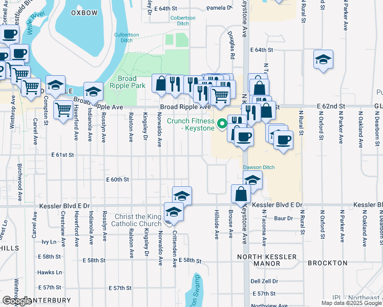 map of restaurants, bars, coffee shops, grocery stores, and more near 6101 Evanston Avenue in Indianapolis