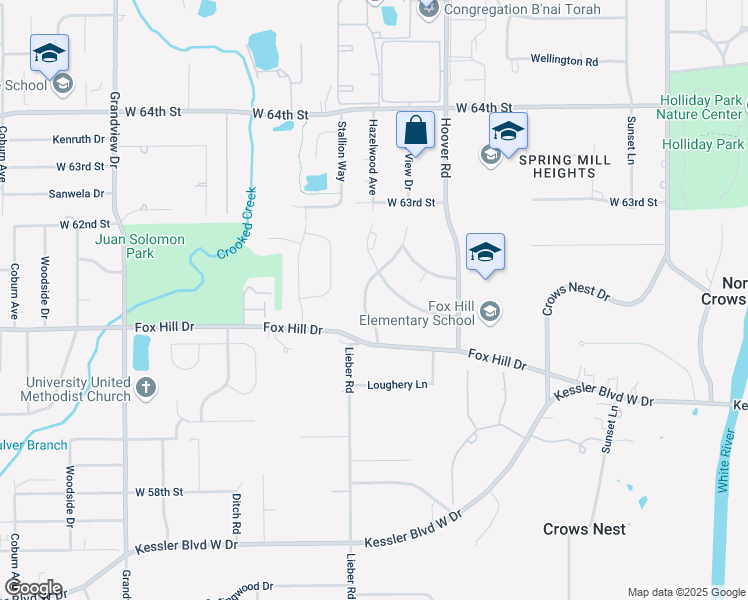 map of restaurants, bars, coffee shops, grocery stores, and more near 6105 Forest View Drive in Indianapolis