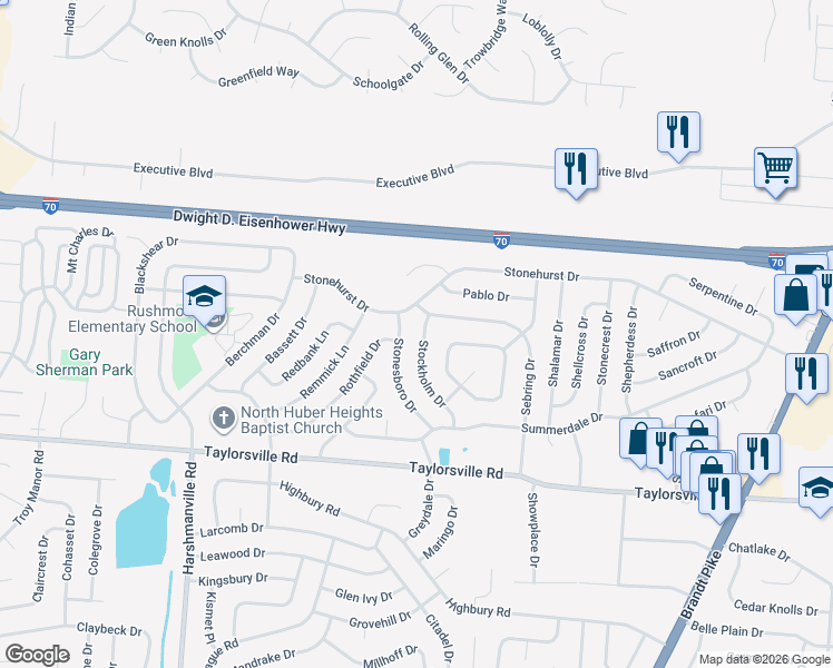 map of restaurants, bars, coffee shops, grocery stores, and more near 7749 Stockholm Drive in Dayton