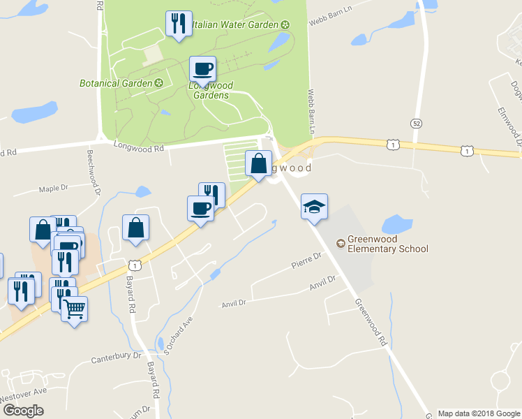 map of restaurants, bars, coffee shops, grocery stores, and more near 233 Deepdale Drive in Kennett Square