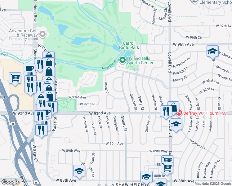 map of restaurants, bars, coffee shops, grocery stores, and more near 9319 Raleigh Court in Westminster
