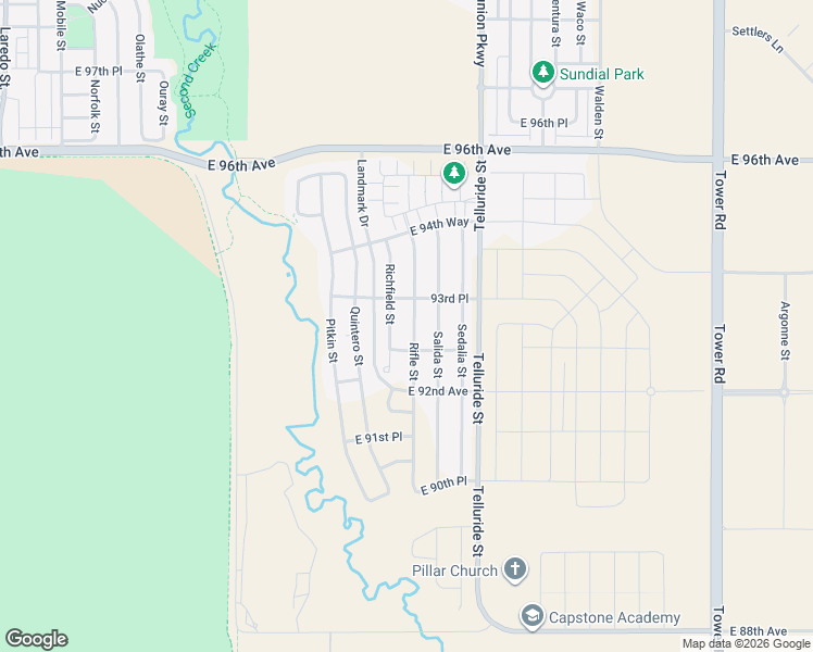 map of restaurants, bars, coffee shops, grocery stores, and more near 9299 Rifle Street in Commerce City