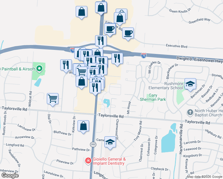 map of restaurants, bars, coffee shops, grocery stores, and more near 7672 Old Troy Pike in Huber Heights