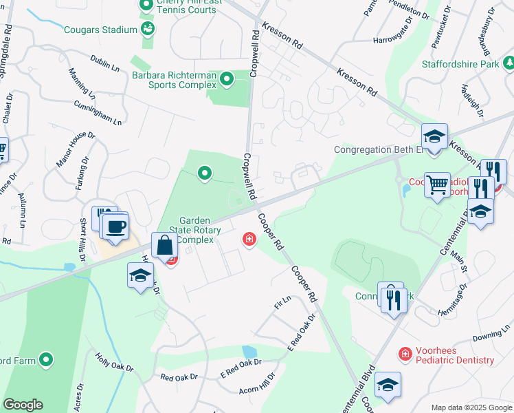 map of restaurants, bars, coffee shops, grocery stores, and more near E Evesham Rd & Cropwell Rd in Voorhees