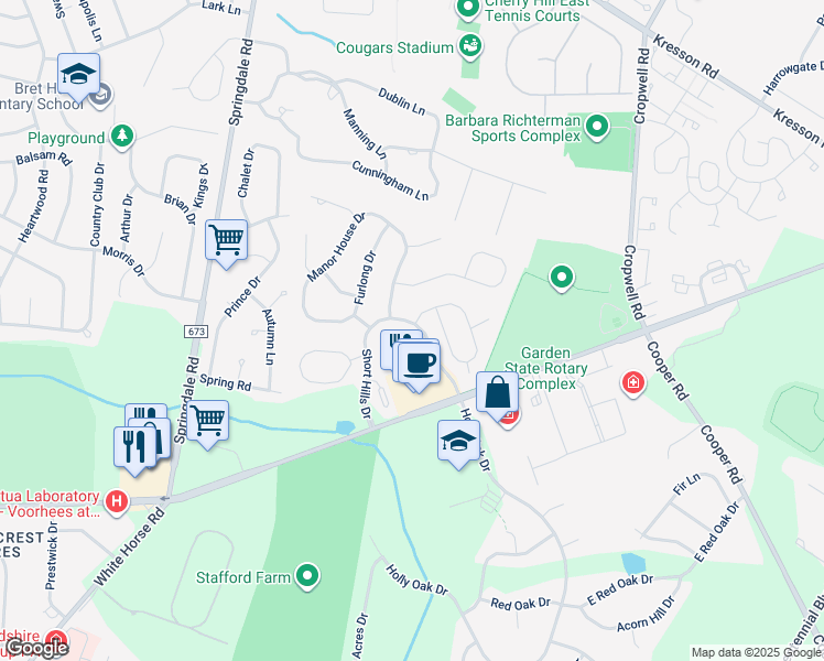 map of restaurants, bars, coffee shops, grocery stores, and more near 50 Bridle Court in Cherry Hill