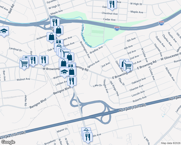 map of restaurants, bars, coffee shops, grocery stores, and more near 8 Sullivan Avenue in Bellmawr