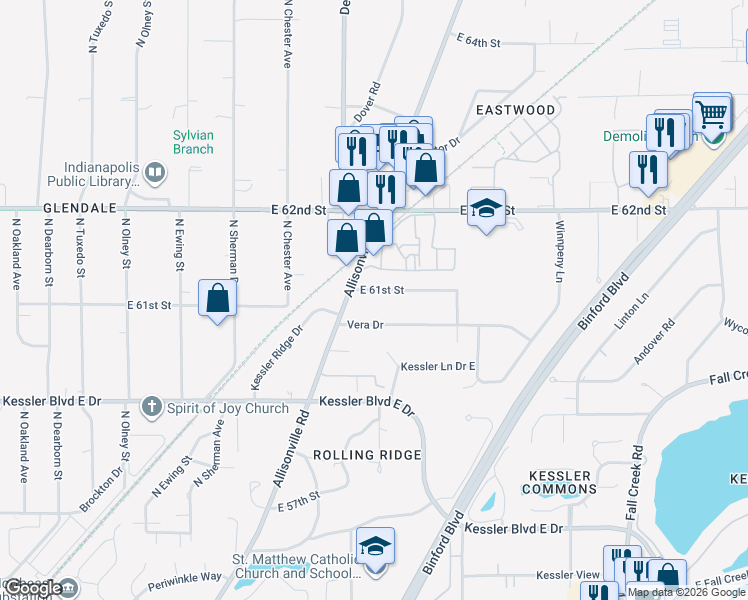 map of restaurants, bars, coffee shops, grocery stores, and more near 4117 East 61st Street in Indianapolis