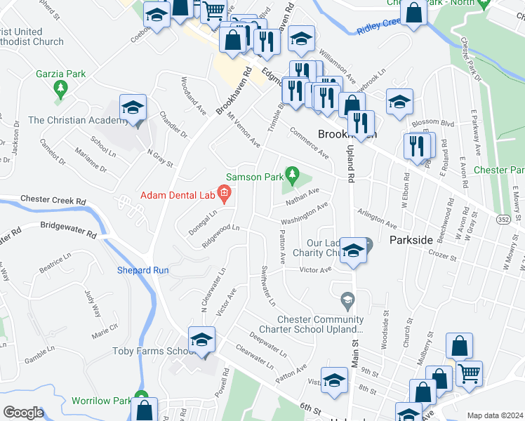 map of restaurants, bars, coffee shops, grocery stores, and more near 3515 Washington Avenue in Brookhaven