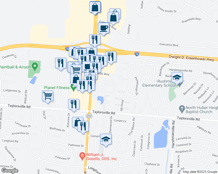 map of restaurants, bars, coffee shops, grocery stores, and more near 5598 Huber Road in Huber Heights