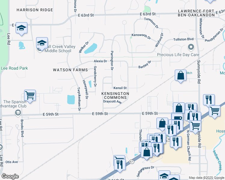 map of restaurants, bars, coffee shops, grocery stores, and more near 10319 Kensil Street in Indianapolis