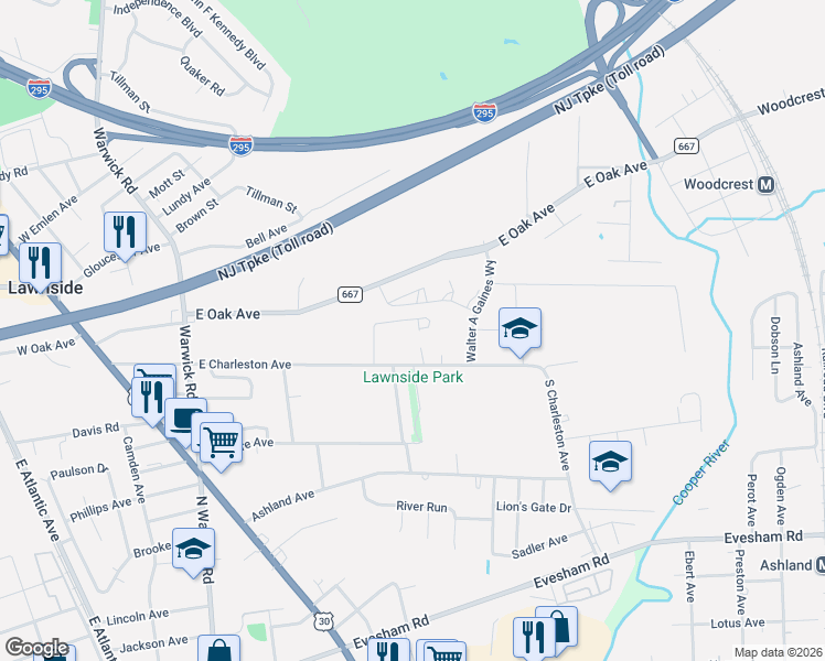map of restaurants, bars, coffee shops, grocery stores, and more near 110 Williams St in Lawnside