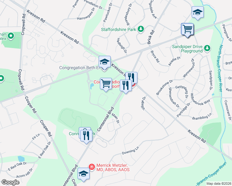 map of restaurants, bars, coffee shops, grocery stores, and more near in Voorhees Township