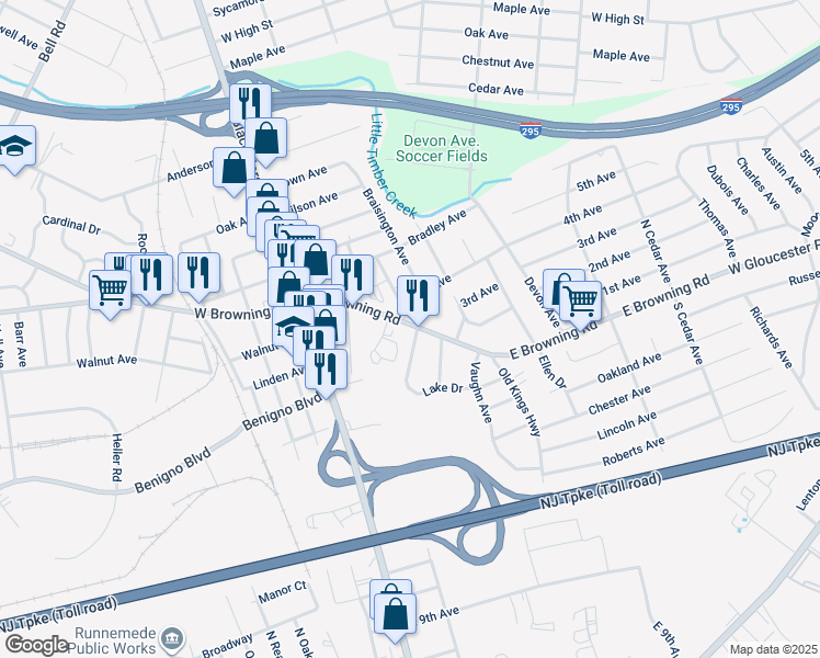 map of restaurants, bars, coffee shops, grocery stores, and more near 8 Sullivan Avenue in Bellmawr