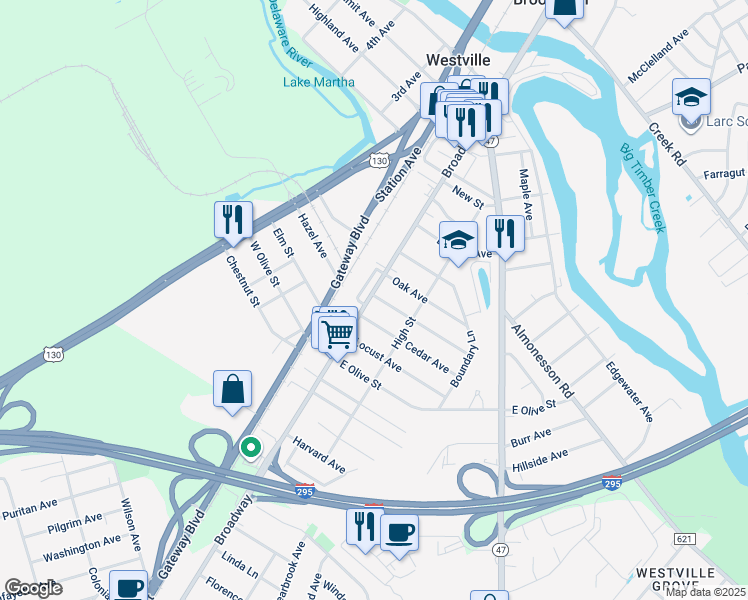 map of restaurants, bars, coffee shops, grocery stores, and more near 10 Spruce Avenue in Westville