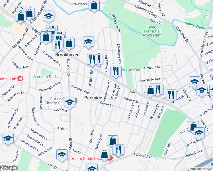 map of restaurants, bars, coffee shops, grocery stores, and more near 20 Beechwood Road in Brookhaven