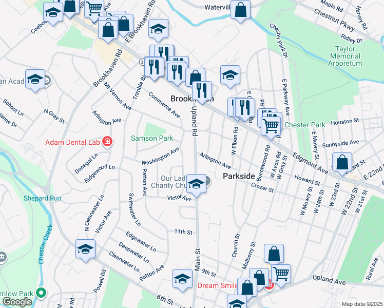 map of restaurants, bars, coffee shops, grocery stores, and more near 128 Upland Road in Brookhaven