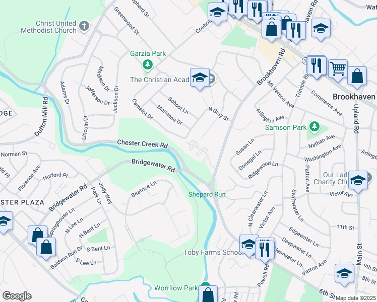 map of restaurants, bars, coffee shops, grocery stores, and more near 532 Brookhaven Road in Brookhaven