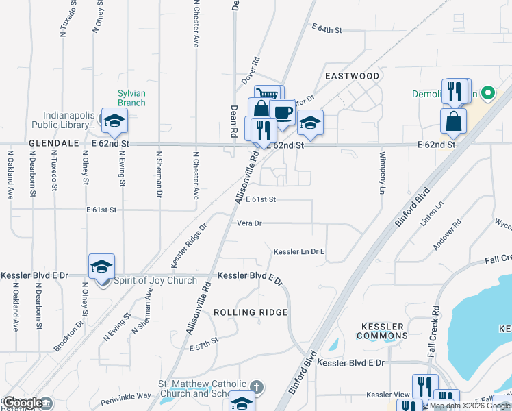 map of restaurants, bars, coffee shops, grocery stores, and more near 4117 East 61st Street in Indianapolis