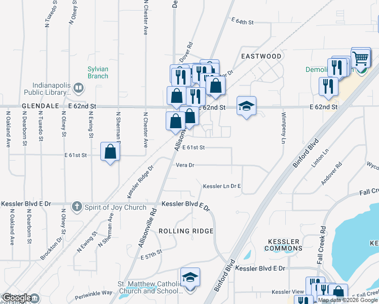 map of restaurants, bars, coffee shops, grocery stores, and more near 4117 East 61st Street in Indianapolis