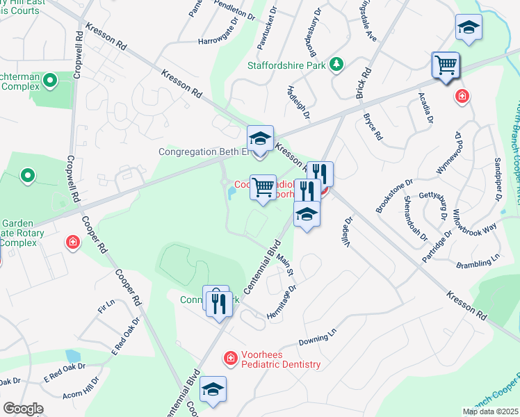 map of restaurants, bars, coffee shops, grocery stores, and more near 1022 Main Street in Voorhees Township