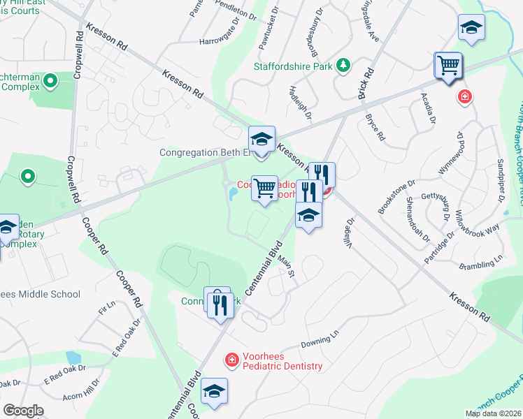 map of restaurants, bars, coffee shops, grocery stores, and more near 2026 Main Street in Voorhees Township
