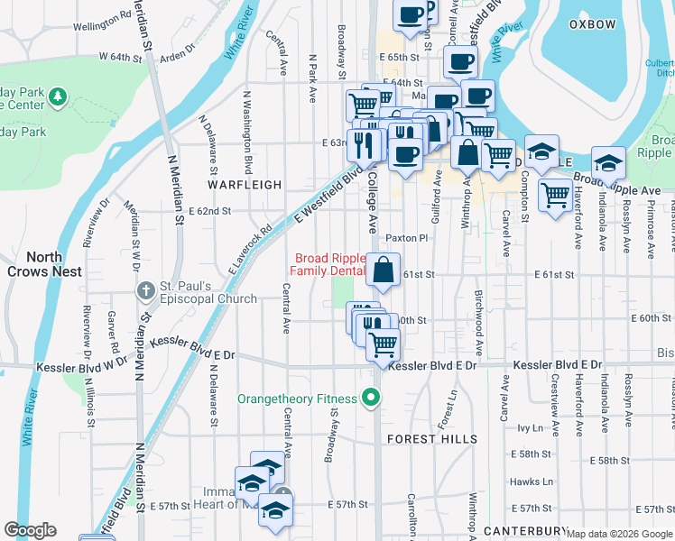 map of restaurants, bars, coffee shops, grocery stores, and more near 6104 Broadway Street in Indianapolis