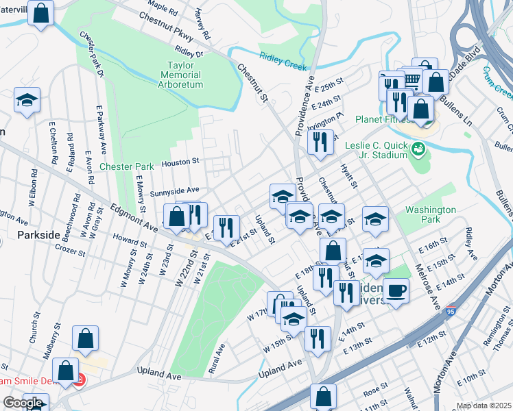 map of restaurants, bars, coffee shops, grocery stores, and more near 204 East 22nd Street in Chester