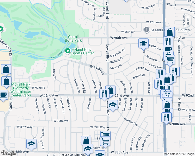 map of restaurants, bars, coffee shops, grocery stores, and more near 9325 Meade Street in Westminster