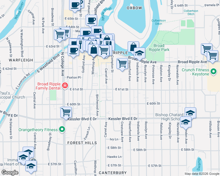 map of restaurants, bars, coffee shops, grocery stores, and more near 6104 Compton Street in Indianapolis
