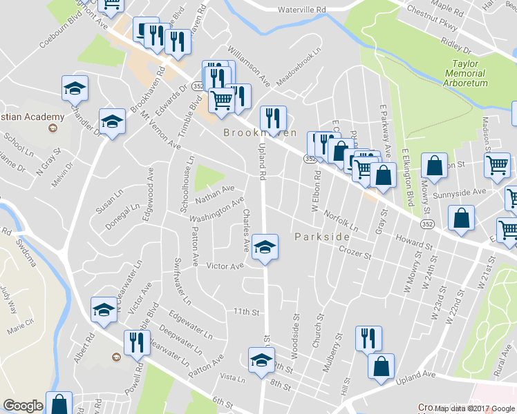 map of restaurants, bars, coffee shops, grocery stores, and more near 128 Upland Road in Brookhaven