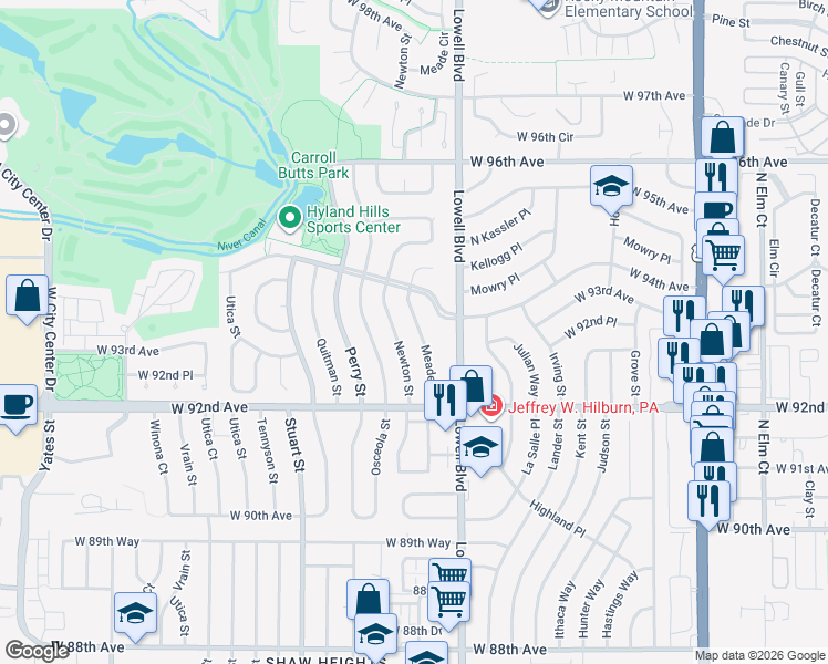 map of restaurants, bars, coffee shops, grocery stores, and more near 9325 Meade Street in Westminster