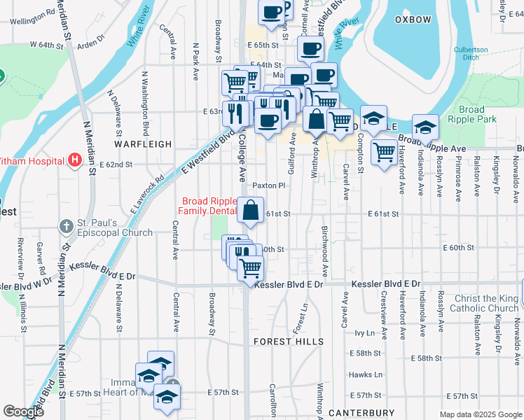 map of restaurants, bars, coffee shops, grocery stores, and more near 6060 Carrollton Avenue in Indianapolis