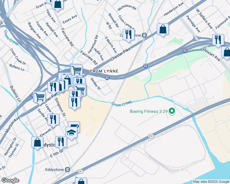 map of restaurants, bars, coffee shops, grocery stores, and more near 700 Maddock Street in Crum Lynne