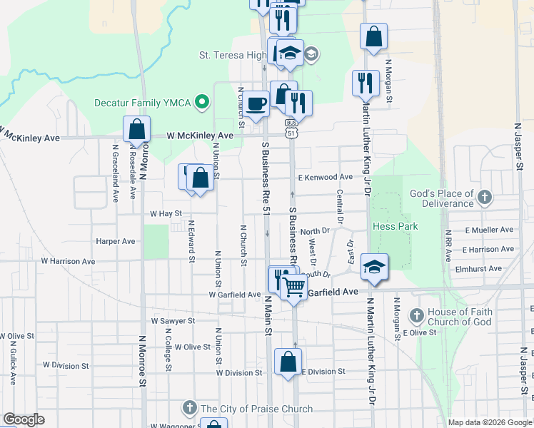 map of restaurants, bars, coffee shops, grocery stores, and more near 101 East Kellar Lane in Decatur