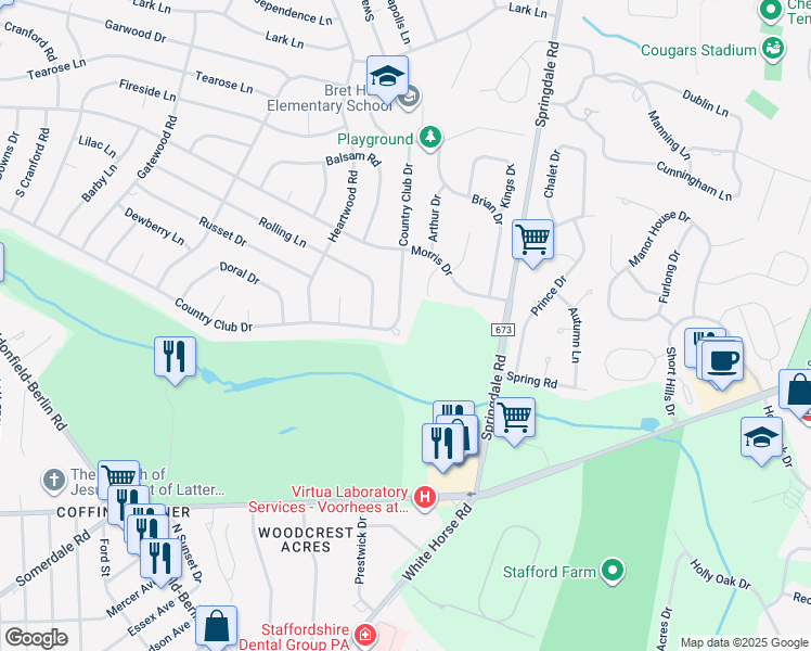 map of restaurants, bars, coffee shops, grocery stores, and more near 400 Country Club Drive in Cherry Hill