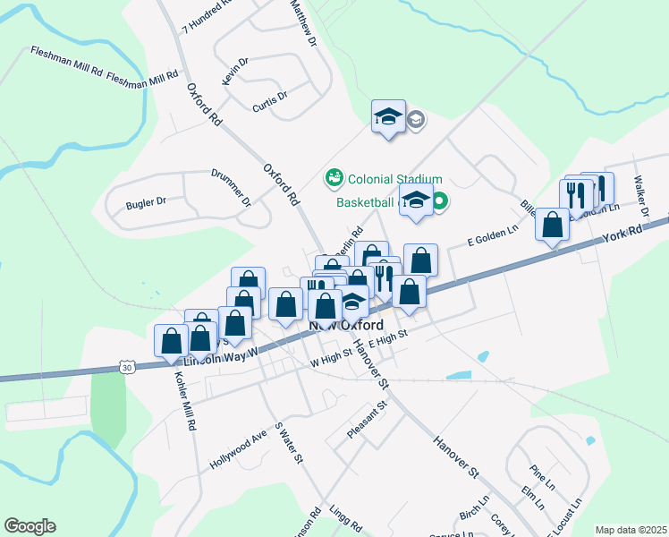 map of restaurants, bars, coffee shops, grocery stores, and more near 114 Carlisle Street in New Oxford