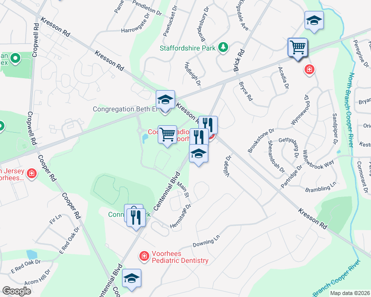 map of restaurants, bars, coffee shops, grocery stores, and more near in Voorhees Township