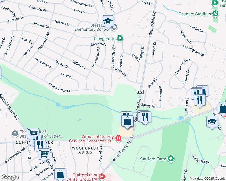 map of restaurants, bars, coffee shops, grocery stores, and more near 400 Country Club Drive in Cherry Hill
