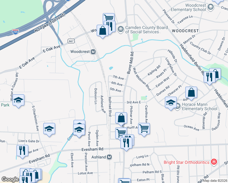 map of restaurants, bars, coffee shops, grocery stores, and more near 509 Railroad Boulevard in Cherry Hill
