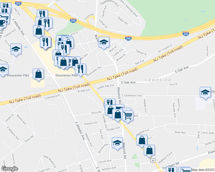 map of restaurants, bars, coffee shops, grocery stores, and more near 34 Center Oak Avenue in Lawnside