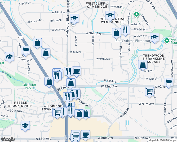 map of restaurants, bars, coffee shops, grocery stores, and more near 9252 Vance Court in Westminster