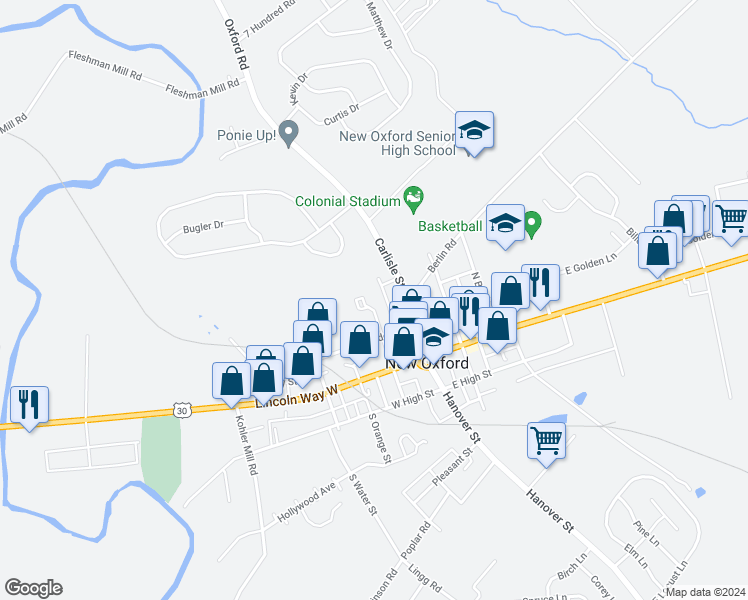map of restaurants, bars, coffee shops, grocery stores, and more near 409 North Bolton Street in New Oxford