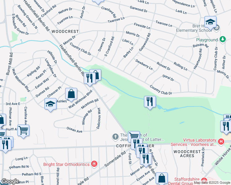 map of restaurants, bars, coffee shops, grocery stores, and more near 124 Rue Du Bois in Cherry Hill