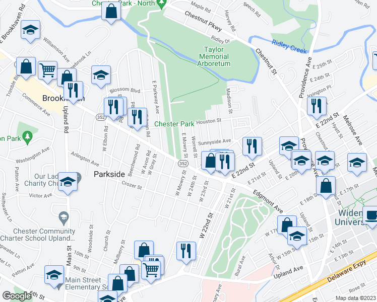 map of restaurants, bars, coffee shops, grocery stores, and more near 21 East Mowry Street in Chester