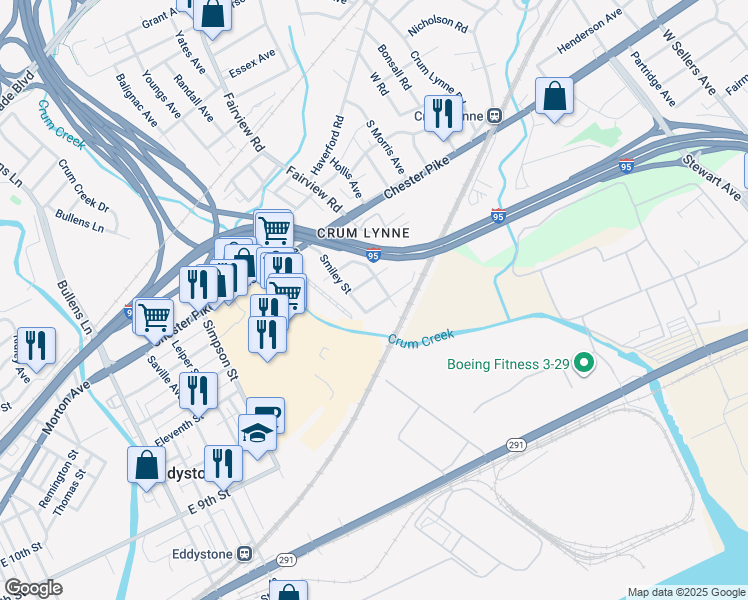 map of restaurants, bars, coffee shops, grocery stores, and more near 1305 Adams Street in Crum Lynne