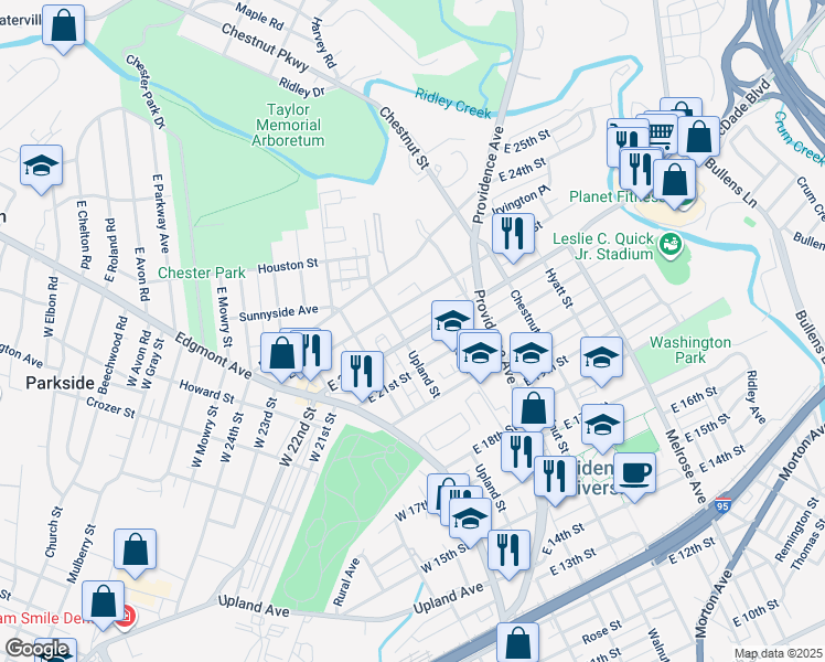 map of restaurants, bars, coffee shops, grocery stores, and more near 208 East 22nd Street in Chester